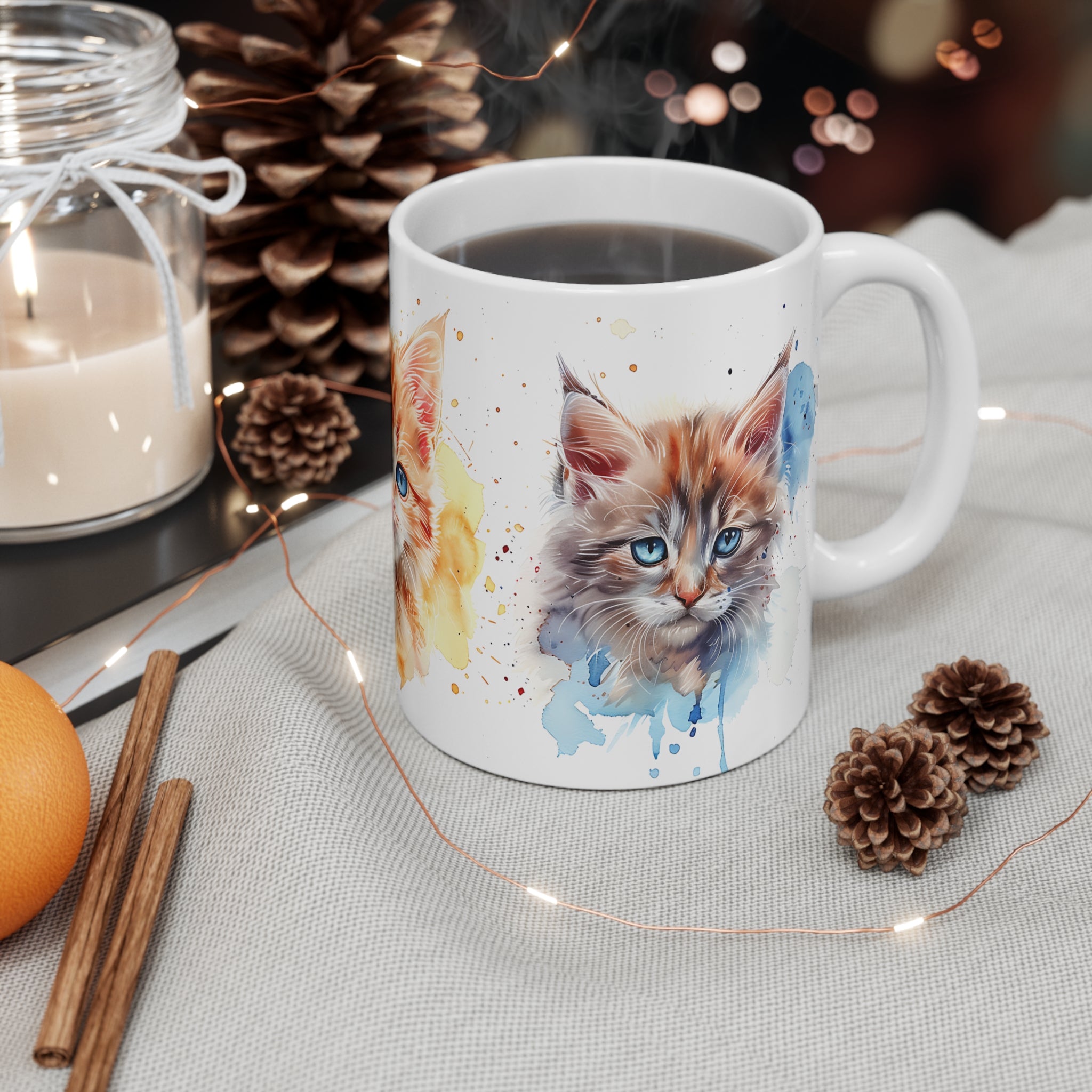 Watercolor Kitten Trio Mug with Artistic Cat Portraits