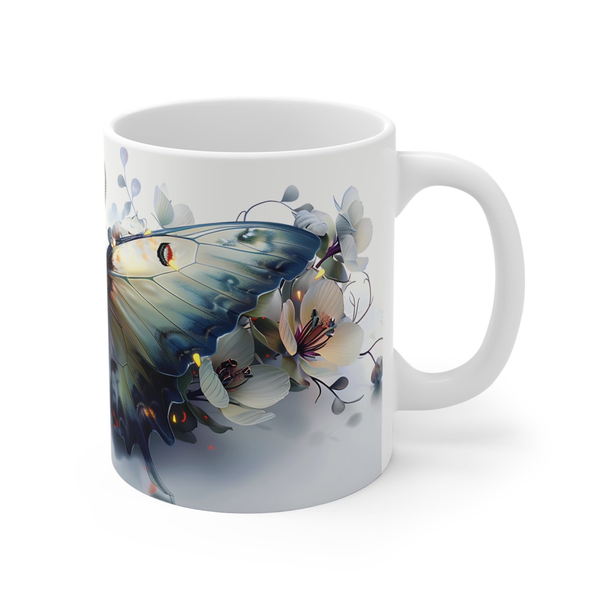 Artistic Blue and White Butterfly Floral Ceramic Coffee Mug