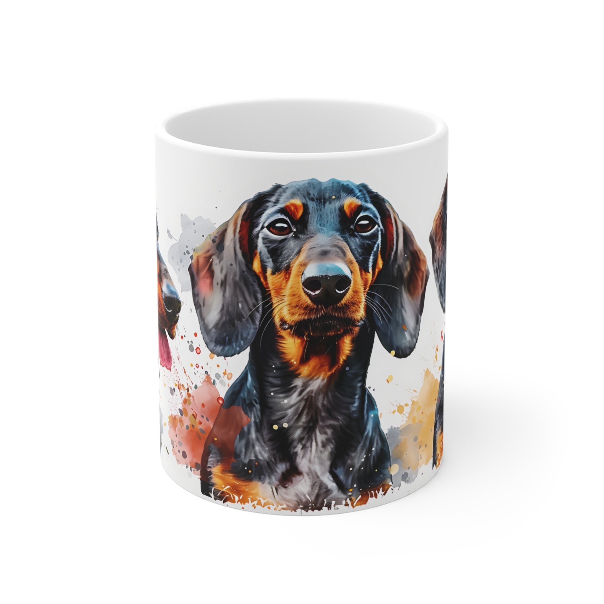 Artistic Dachshund Dog Mug with Colorful Watercolor Splash Design