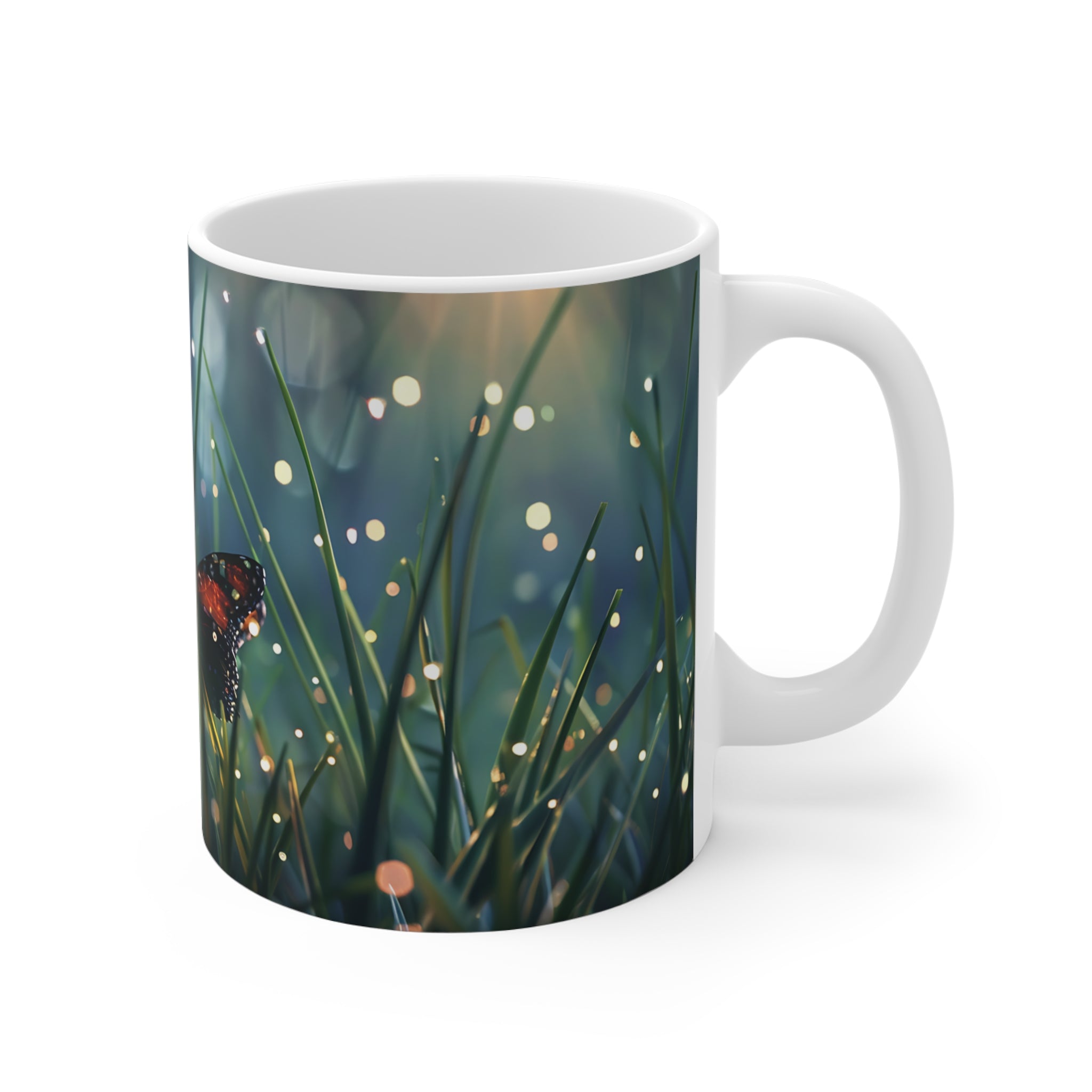 Nature-Inspired Butterfly and Grass Mug with Magical Light Sparkles