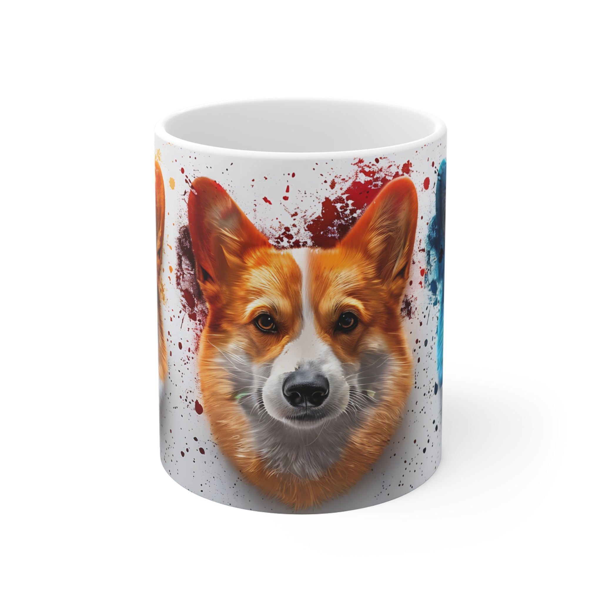 Artistic Corgi Dog Faces Mug with Colorful Paint Splatter Design