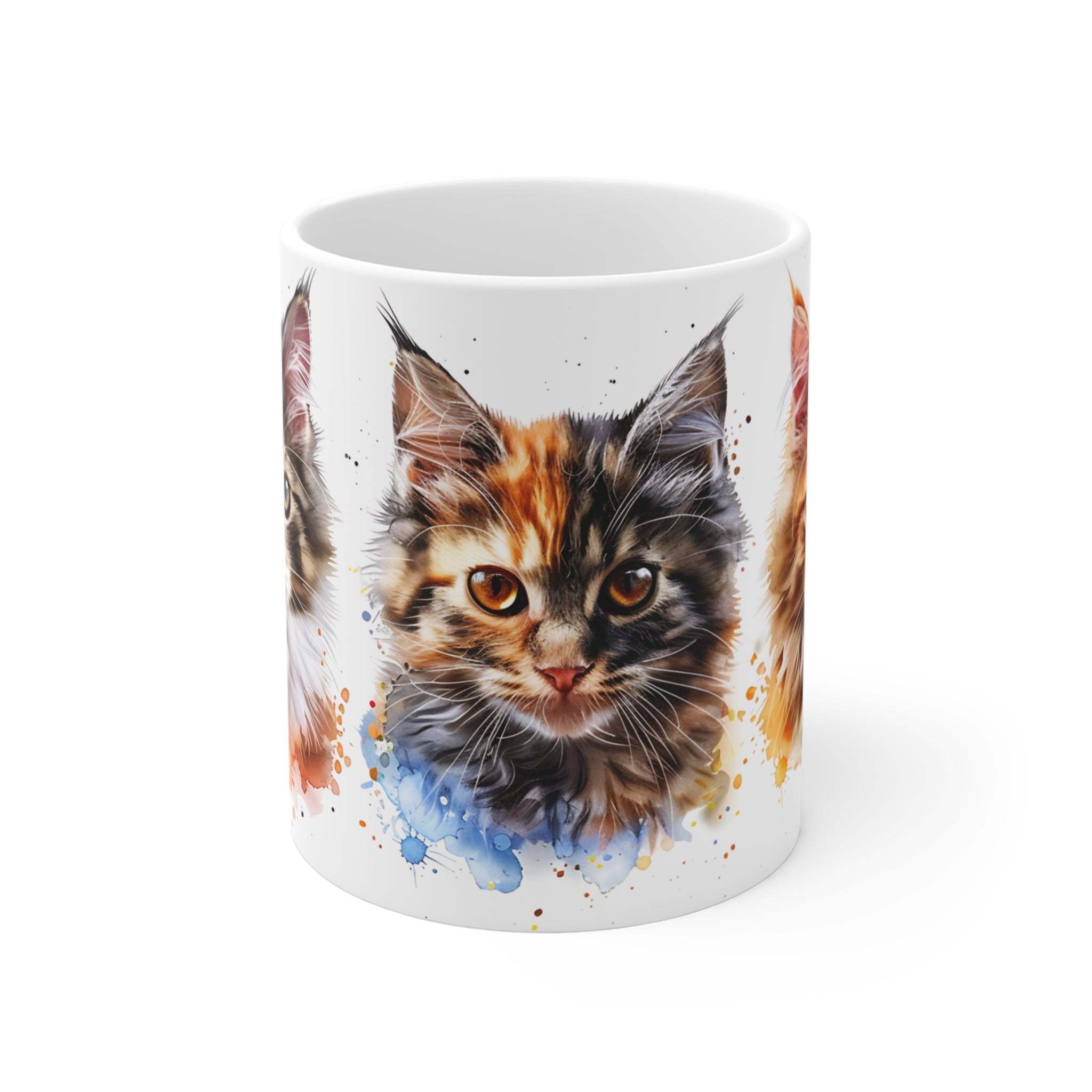 Artistic Watercolor Cats Mug with Three Colorful Feline Portraits