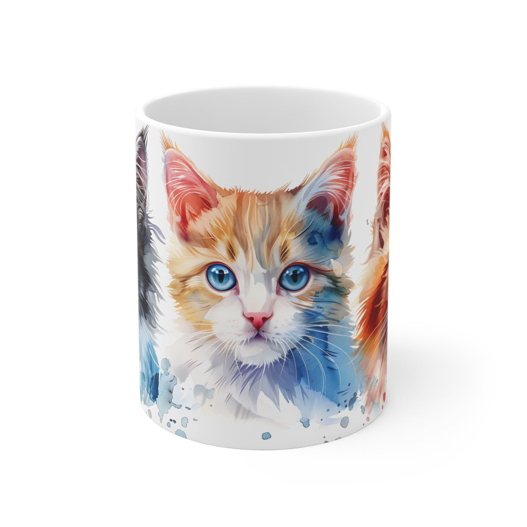 Watercolor Trio Cat Mug with Blue and Amber Eyes Artistic Design