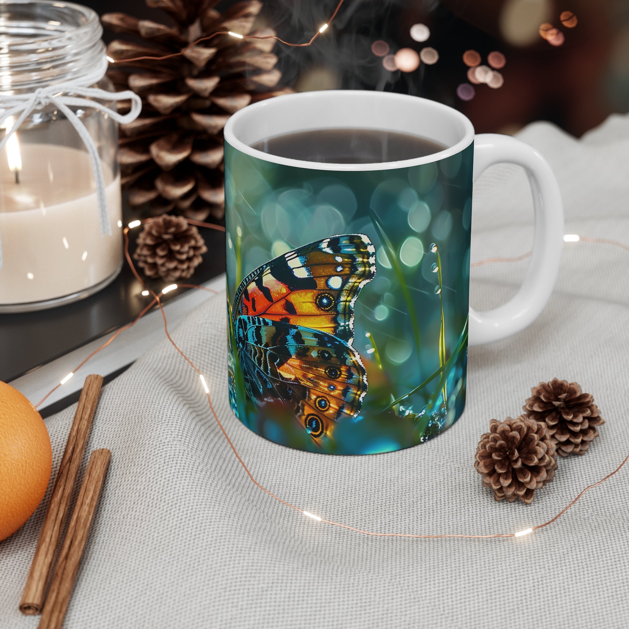 Colorful Butterfly and Dew Drops Nature Mug for Garden Lovers