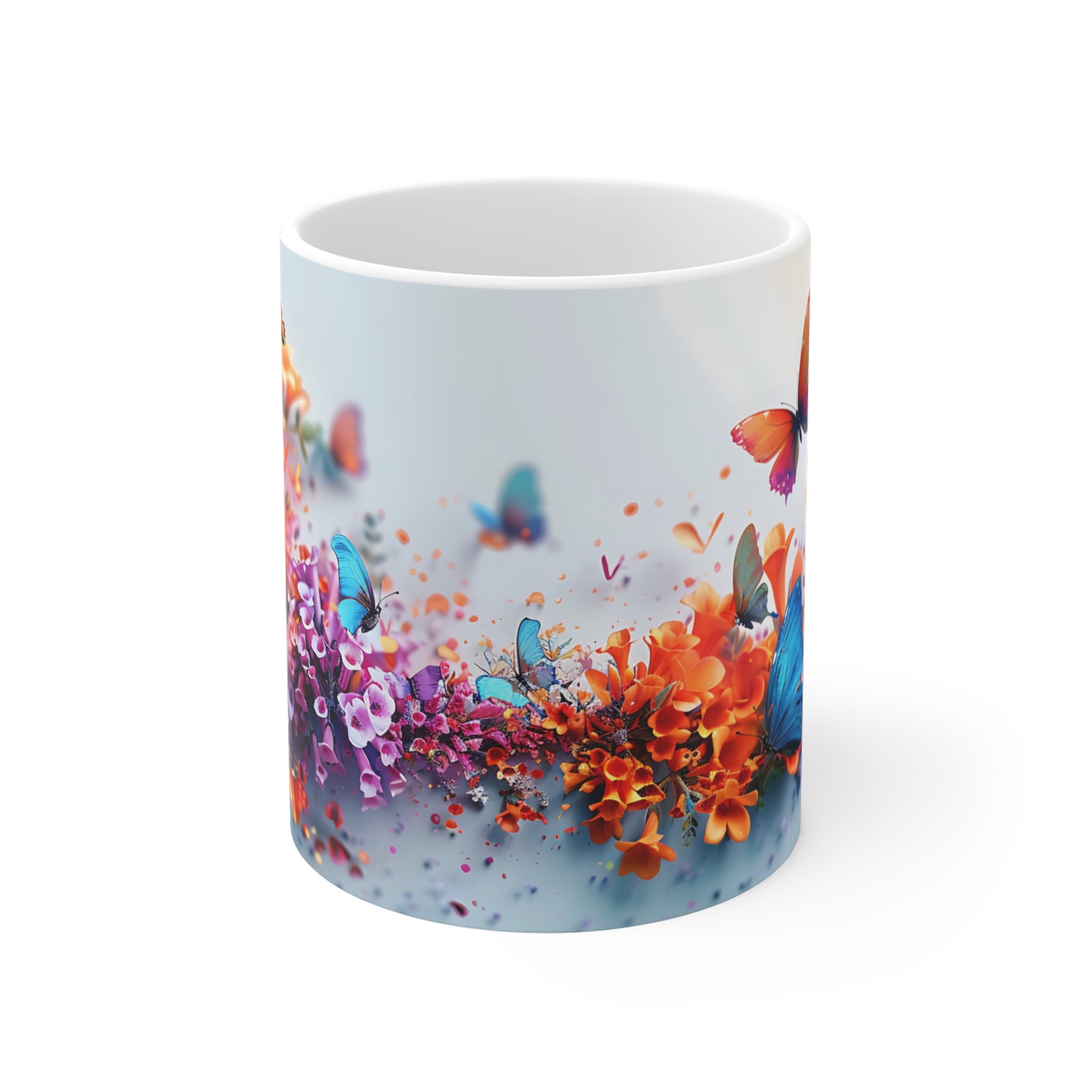 Colorful Butterflies and Flowers Art Mug – Vibrant Nature Illustration