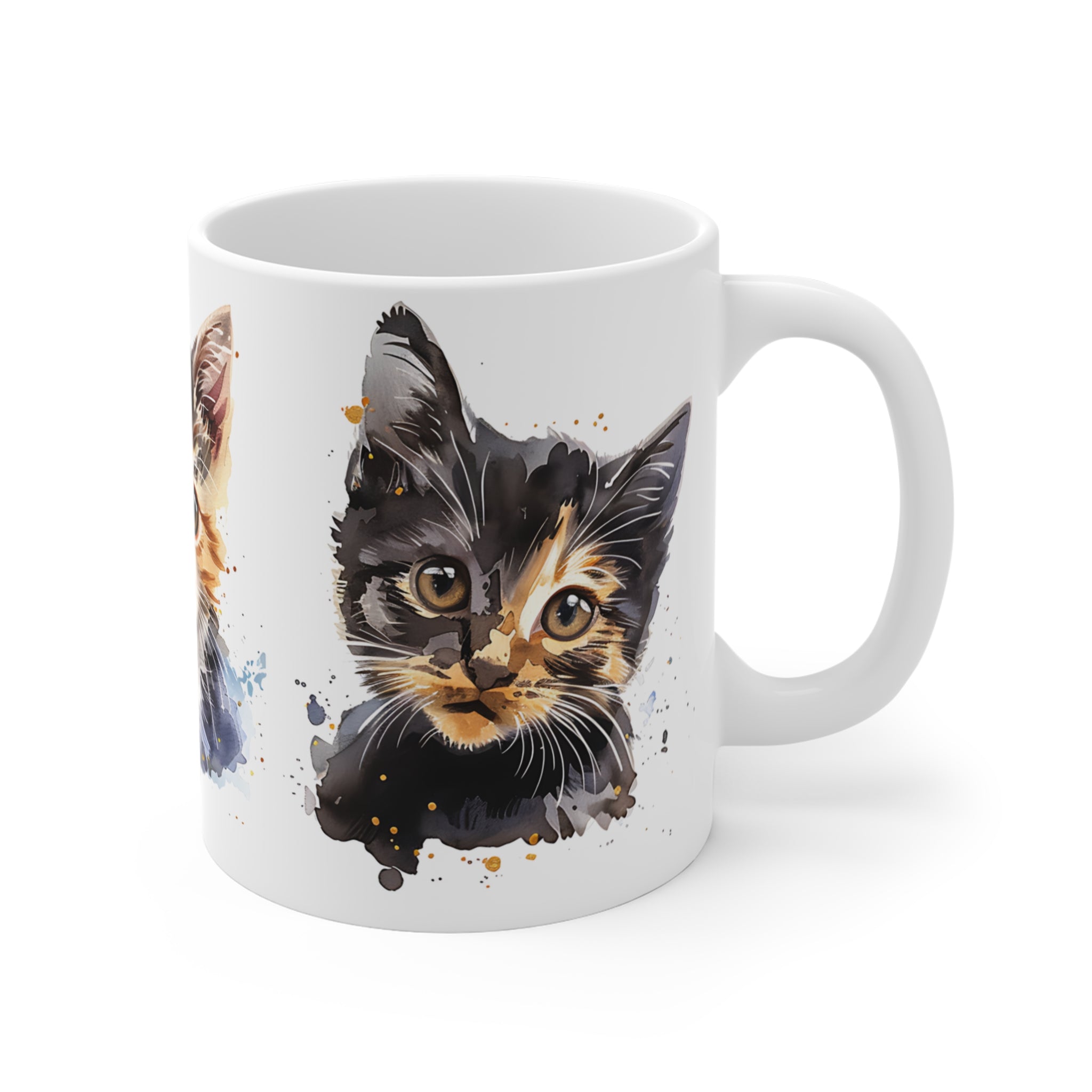 Watercolor Style Kitten Mug with Three Adorable Cat Faces