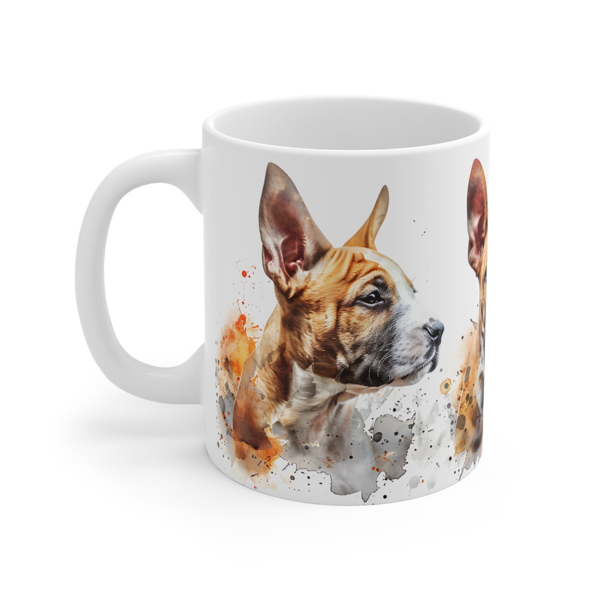 Basenji Dog Trio Art Print Mug with Watercolor Splatter Design