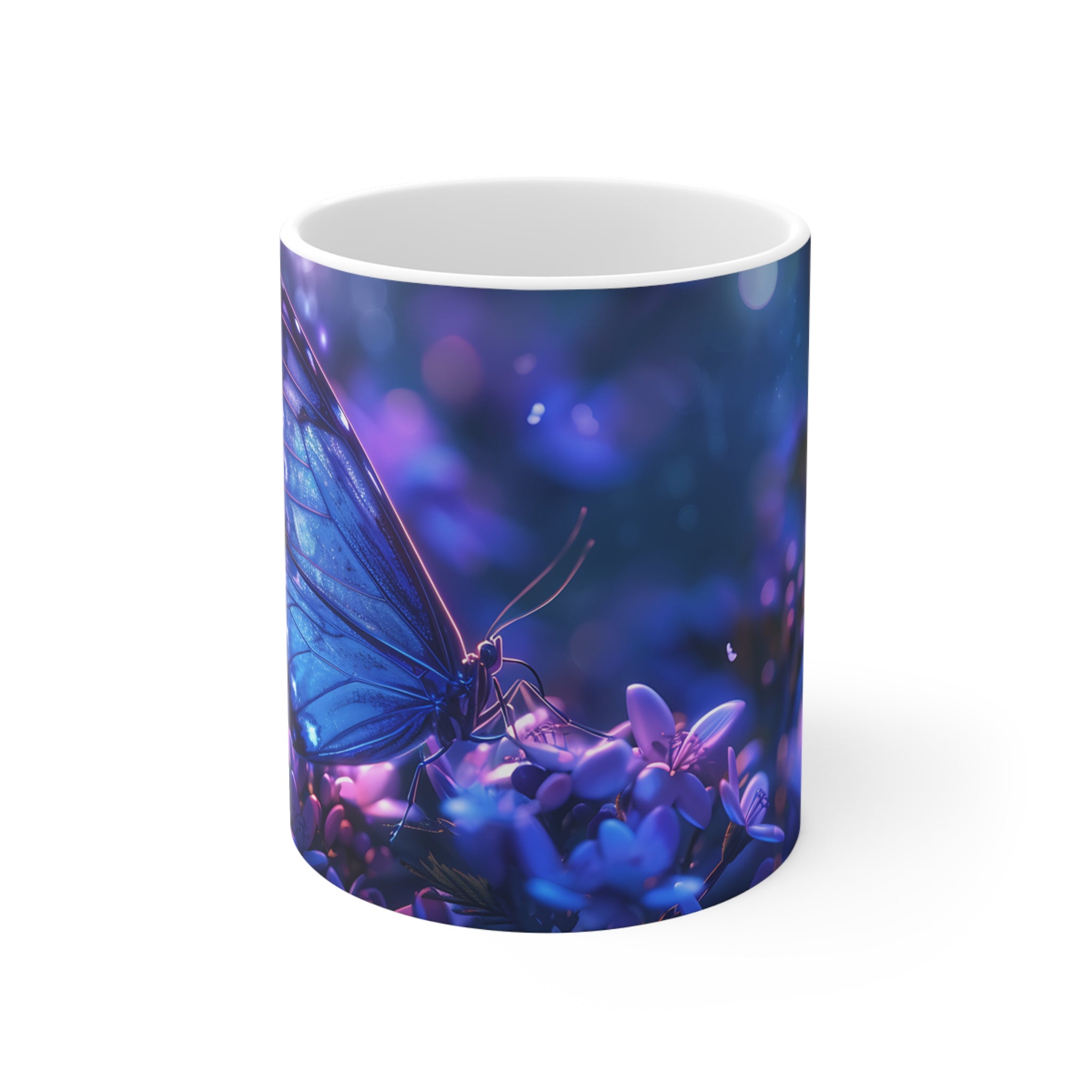 Blue Butterfly on Purple Flowers Night Scene Printed Mug
