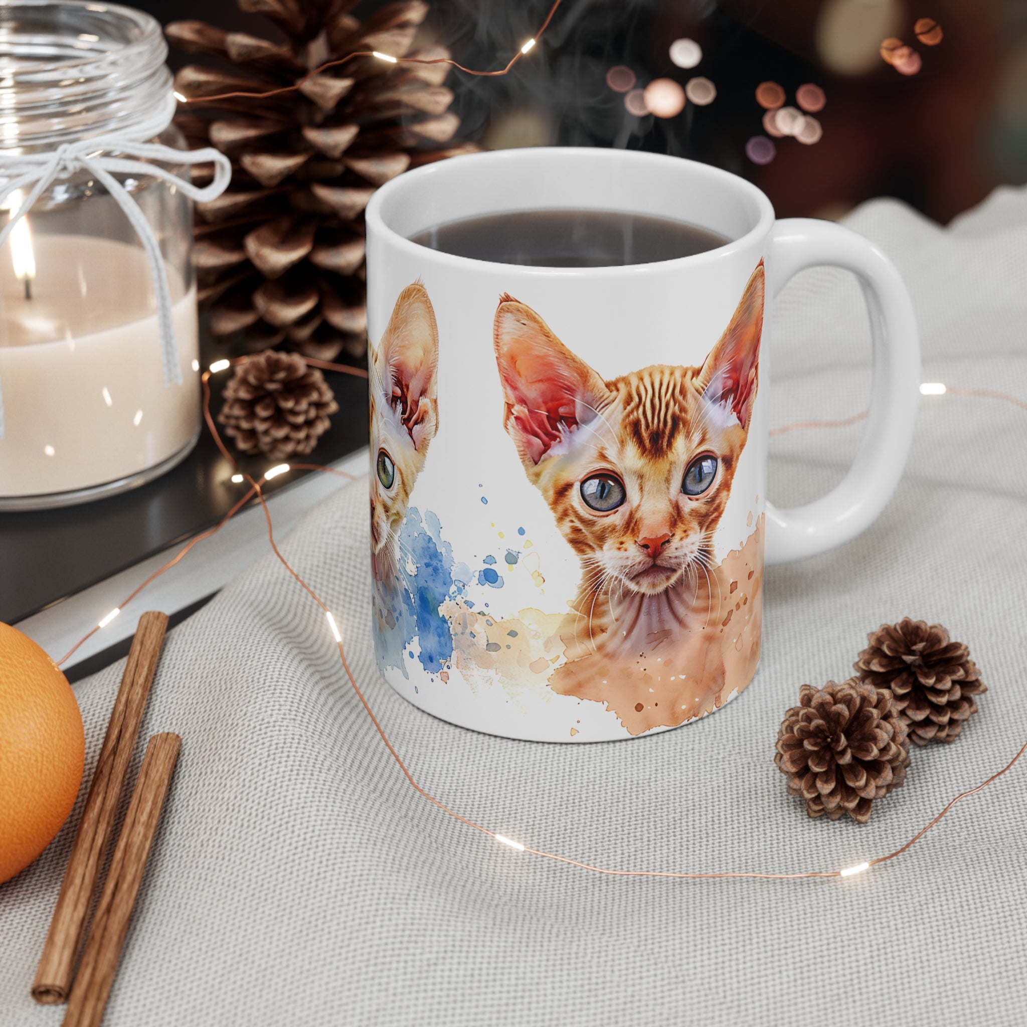 Artistic Devon Rex Cats Watercolor Illustration Coffee Mug