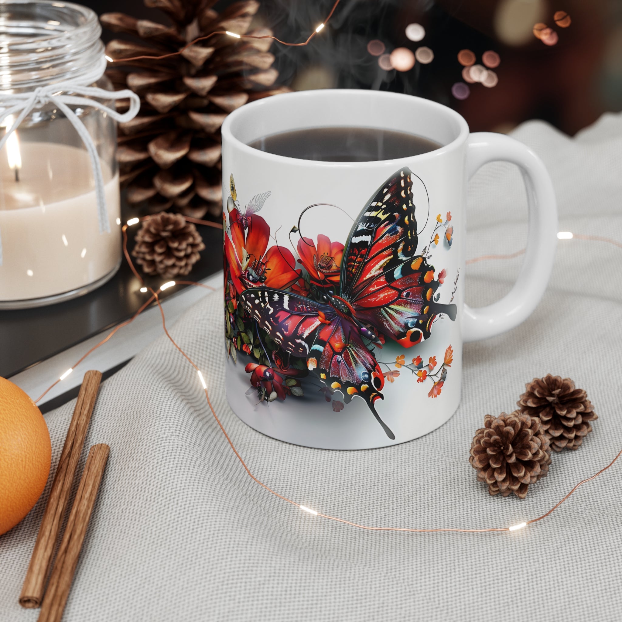 Red Butterfly and Floral Art Printed Ceramic Mug for Nature Lovers