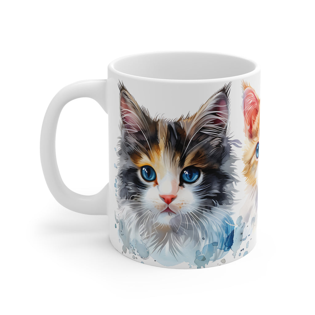 Watercolor Trio Cat Mug with Blue and Amber Eyes Artistic Design