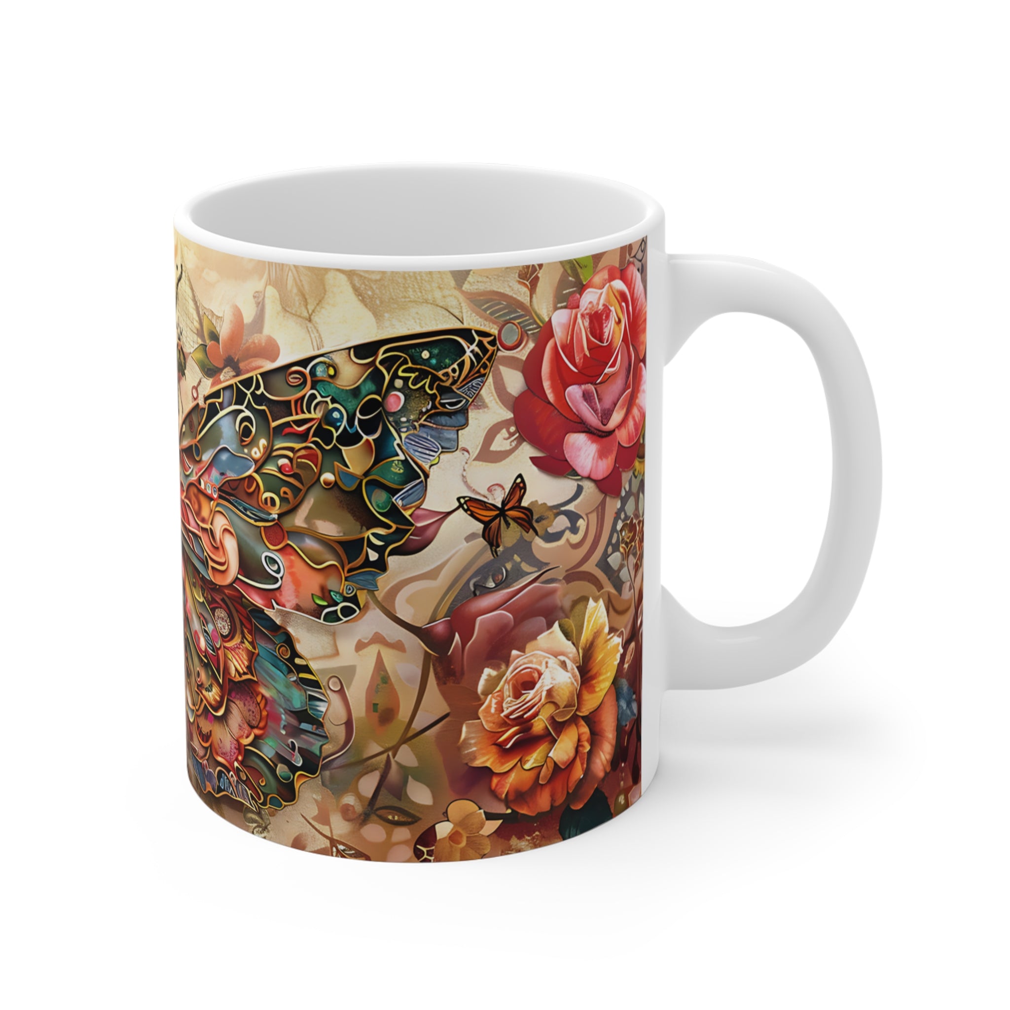 Artistic Colorful Butterfly and Rose Floral Mug for Nature Lovers