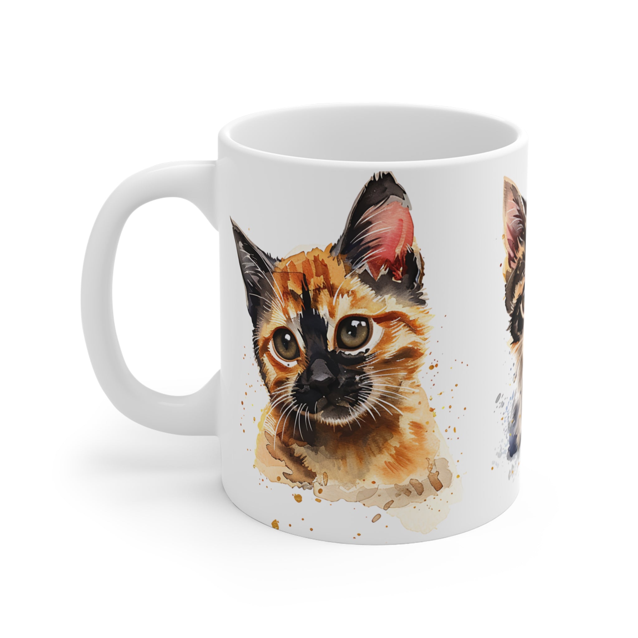 Watercolor Style Kitten Mug with Three Adorable Cat Faces