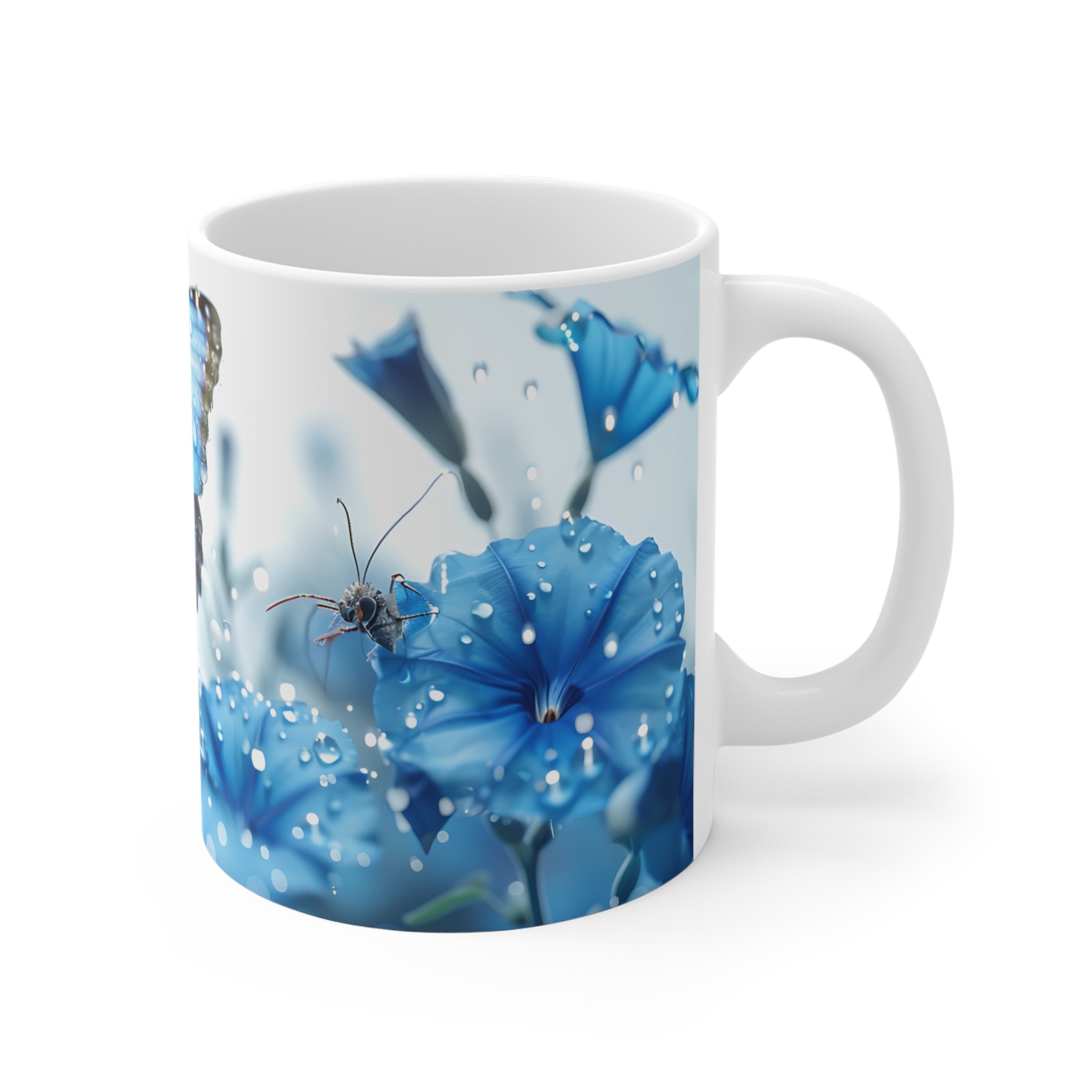 Blue Butterfly and Dew Drops on Vibrant Blue Flowers Coffee Mug