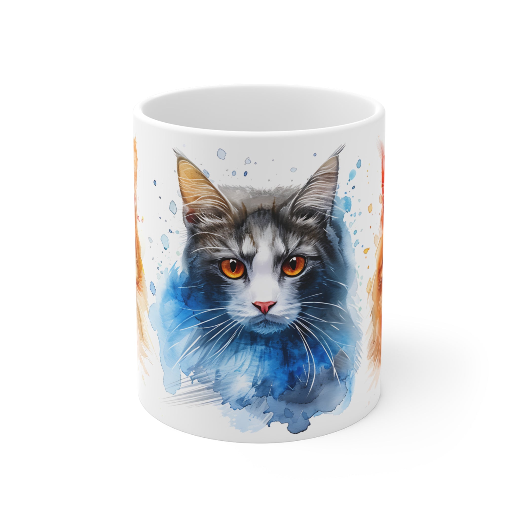 Watercolor Cat Portraits Mug with Orange and Gray Feline Artwork