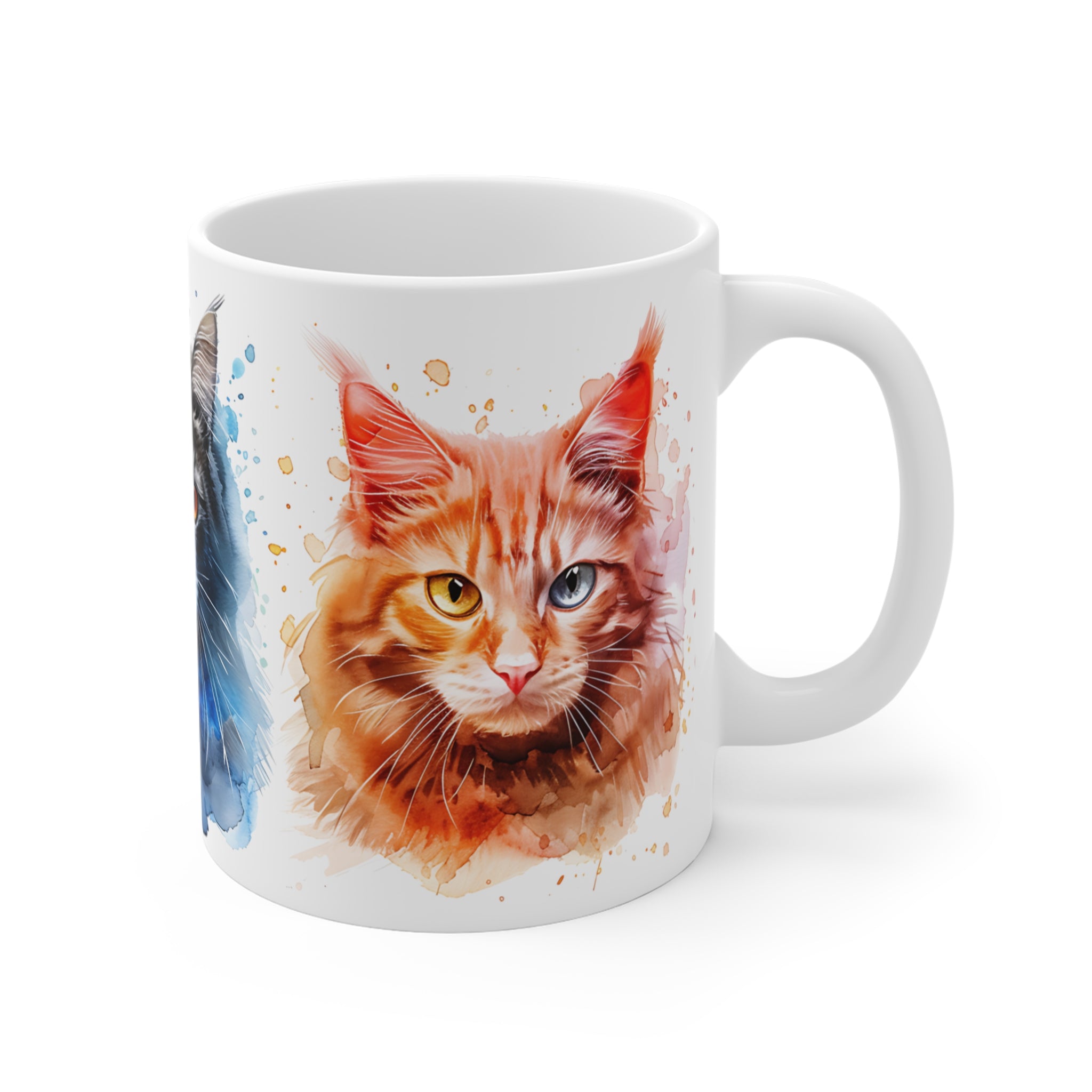 Watercolor Cat Portraits Mug with Orange and Gray Feline Artwork
