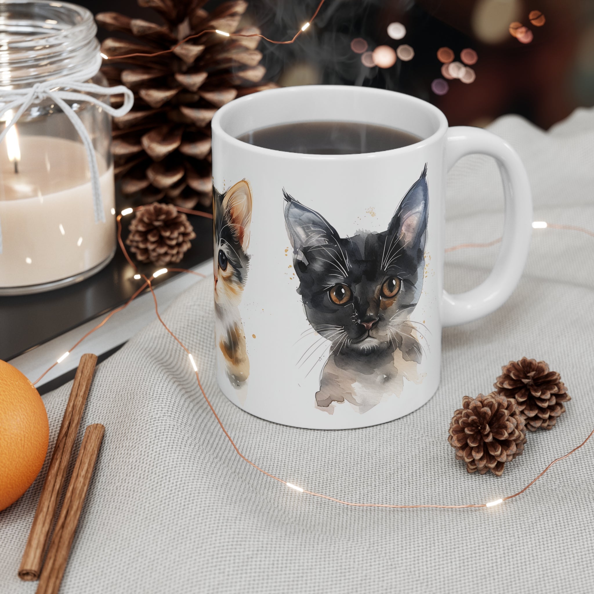 Watercolor Artistic Kitten Trio Mug with Adorable Cat Portraits