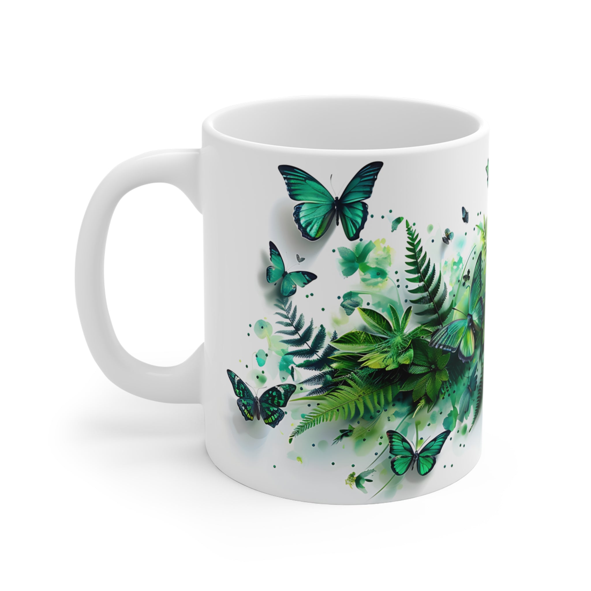 Green Butterfly and Leaf Botanical Art Coffee Mug