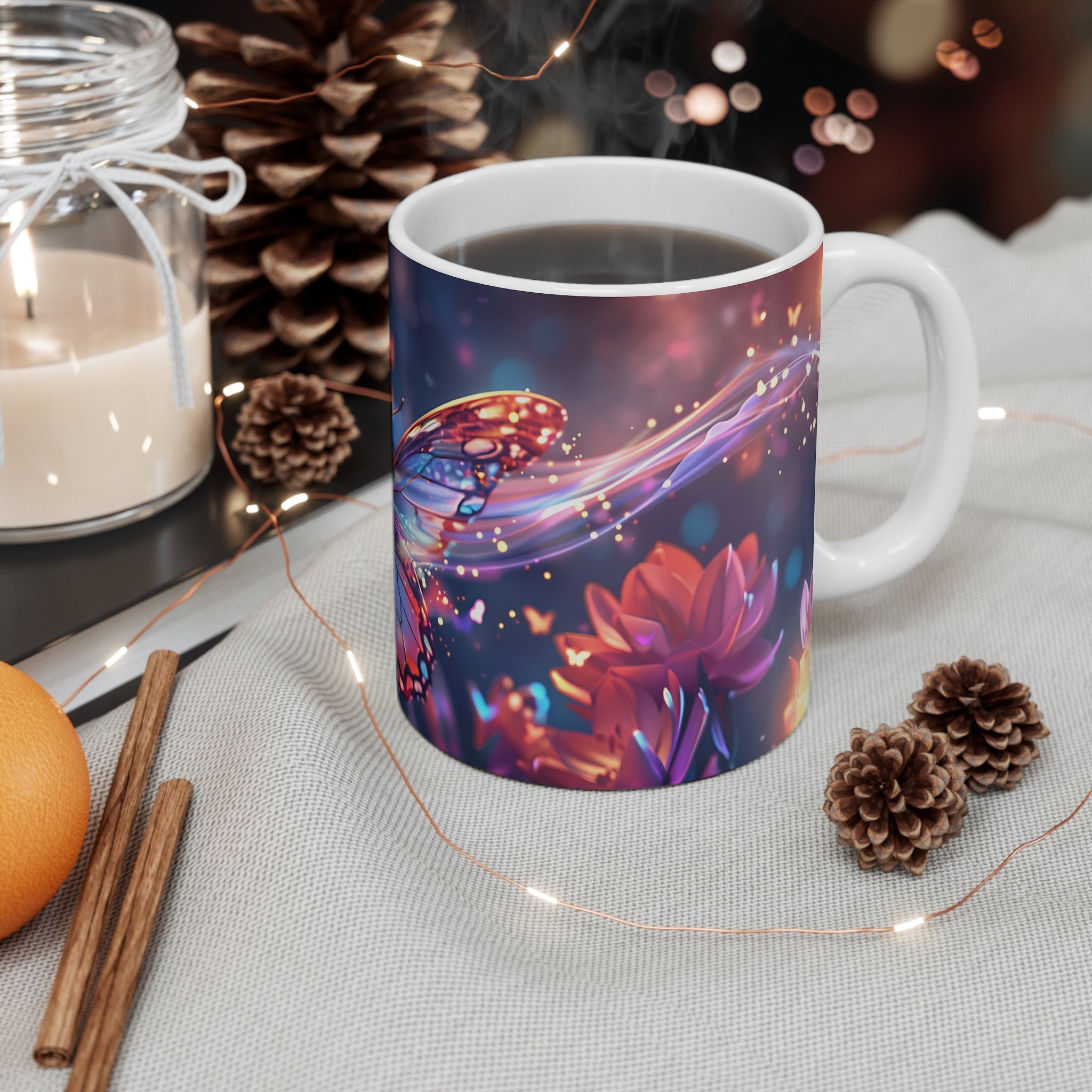 Colorful Butterfly and Vibrant Flowers Artistic Mug