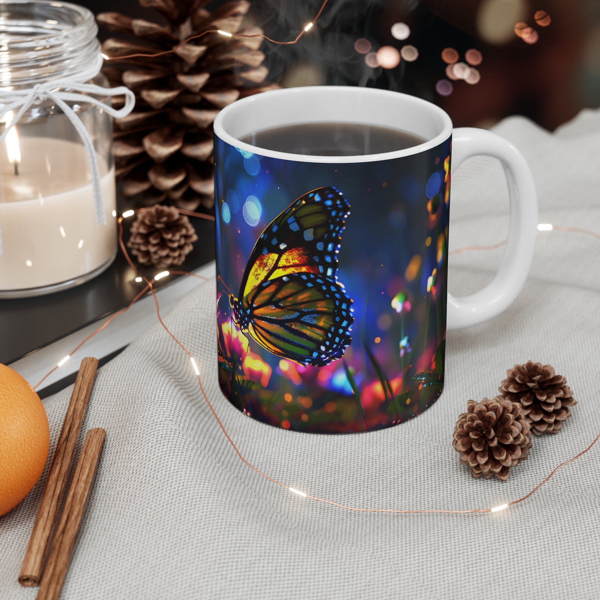 Vibrant Butterfly and Colorful Flowers Illustrated Coffee Mug