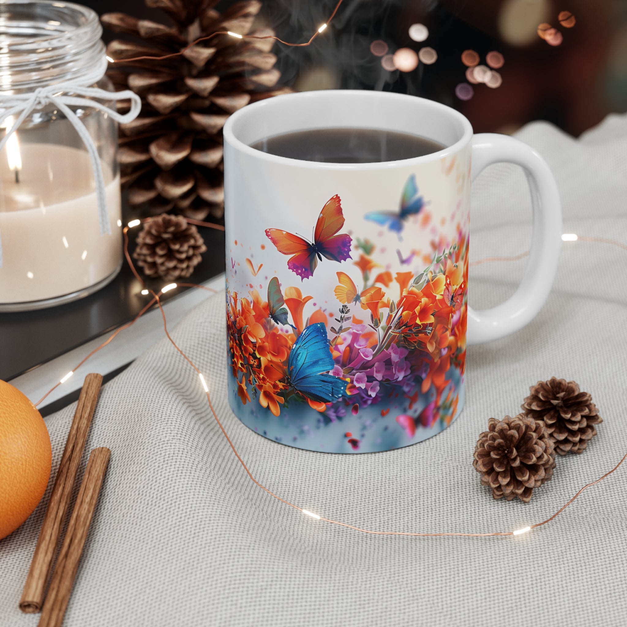Colorful Butterflies and Flowers Art Mug – Vibrant Nature Illustration