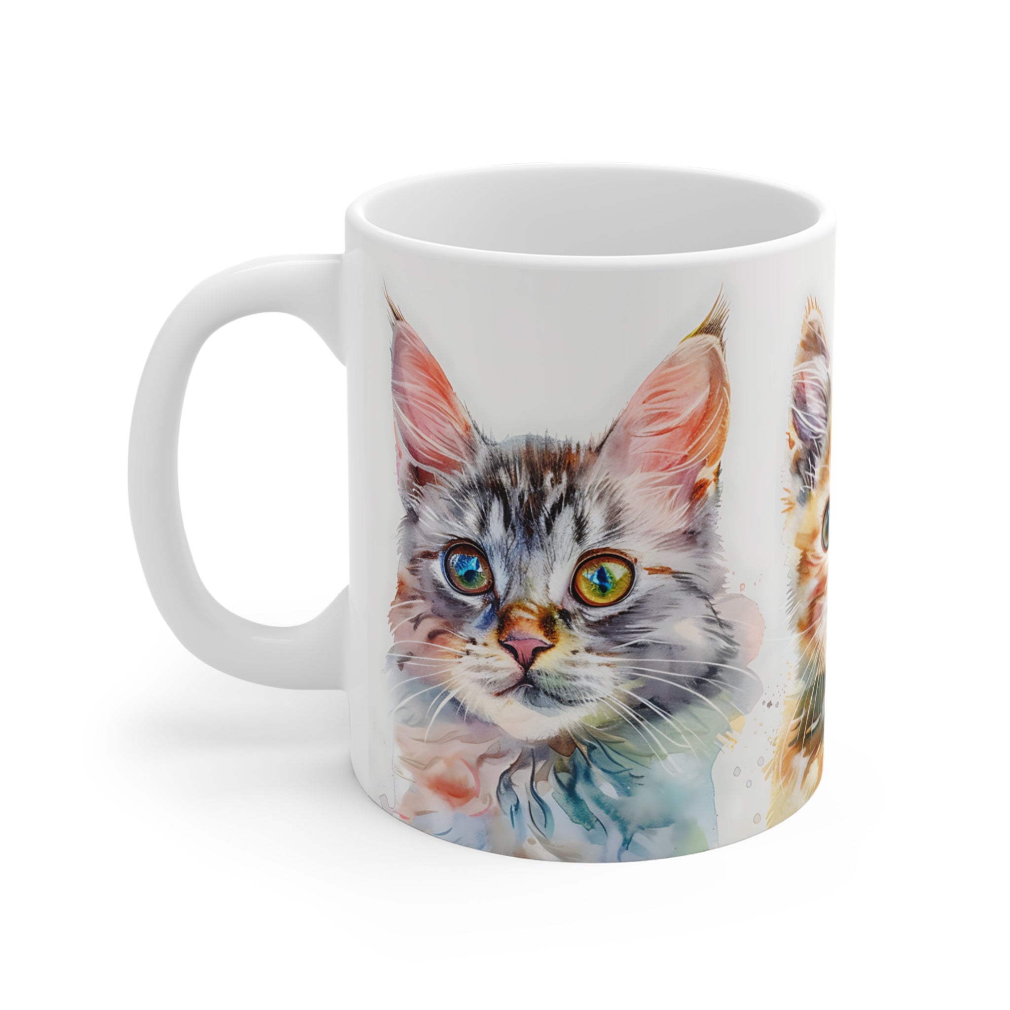 Watercolor Painting Mug Featuring Three Colorful Kitten Faces