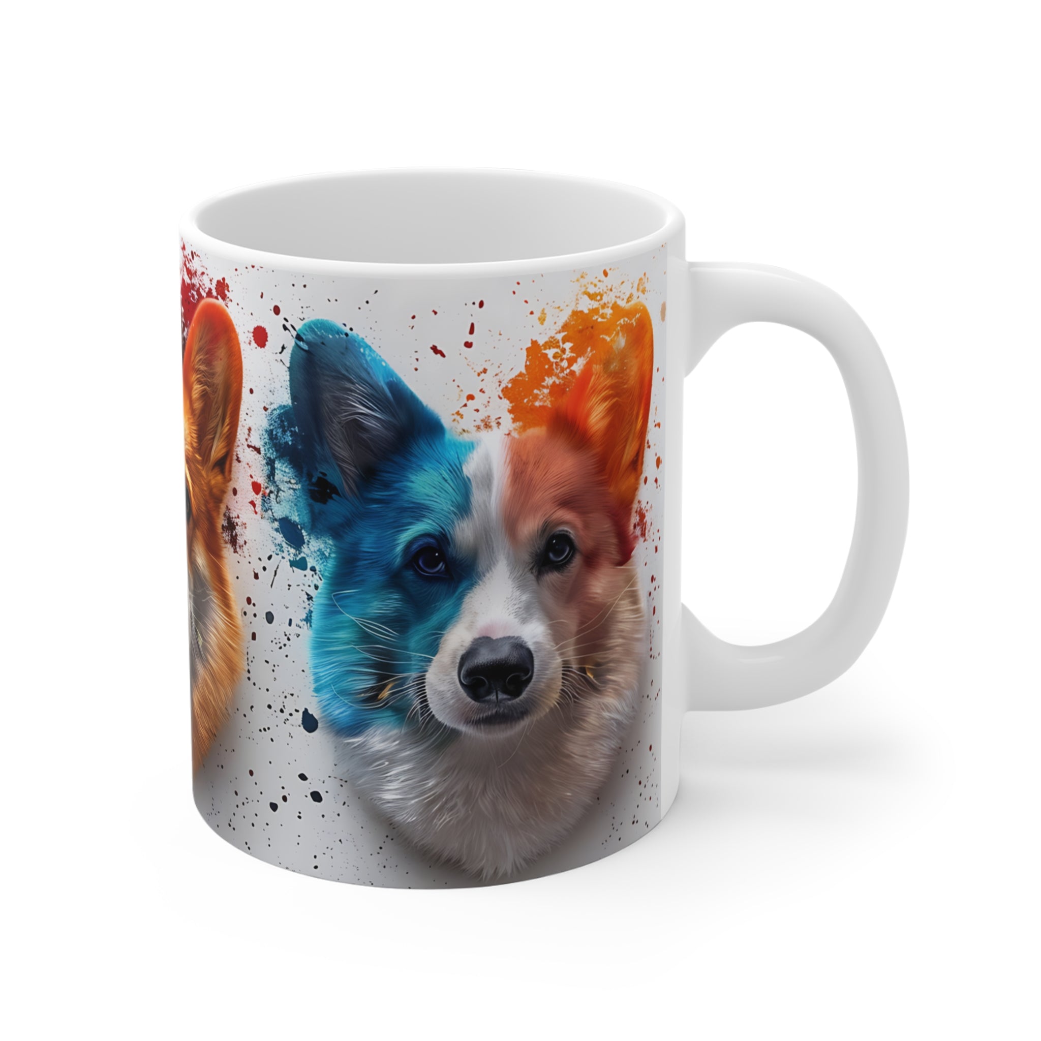 Artistic Corgi Dog Faces Mug with Colorful Paint Splatter Design