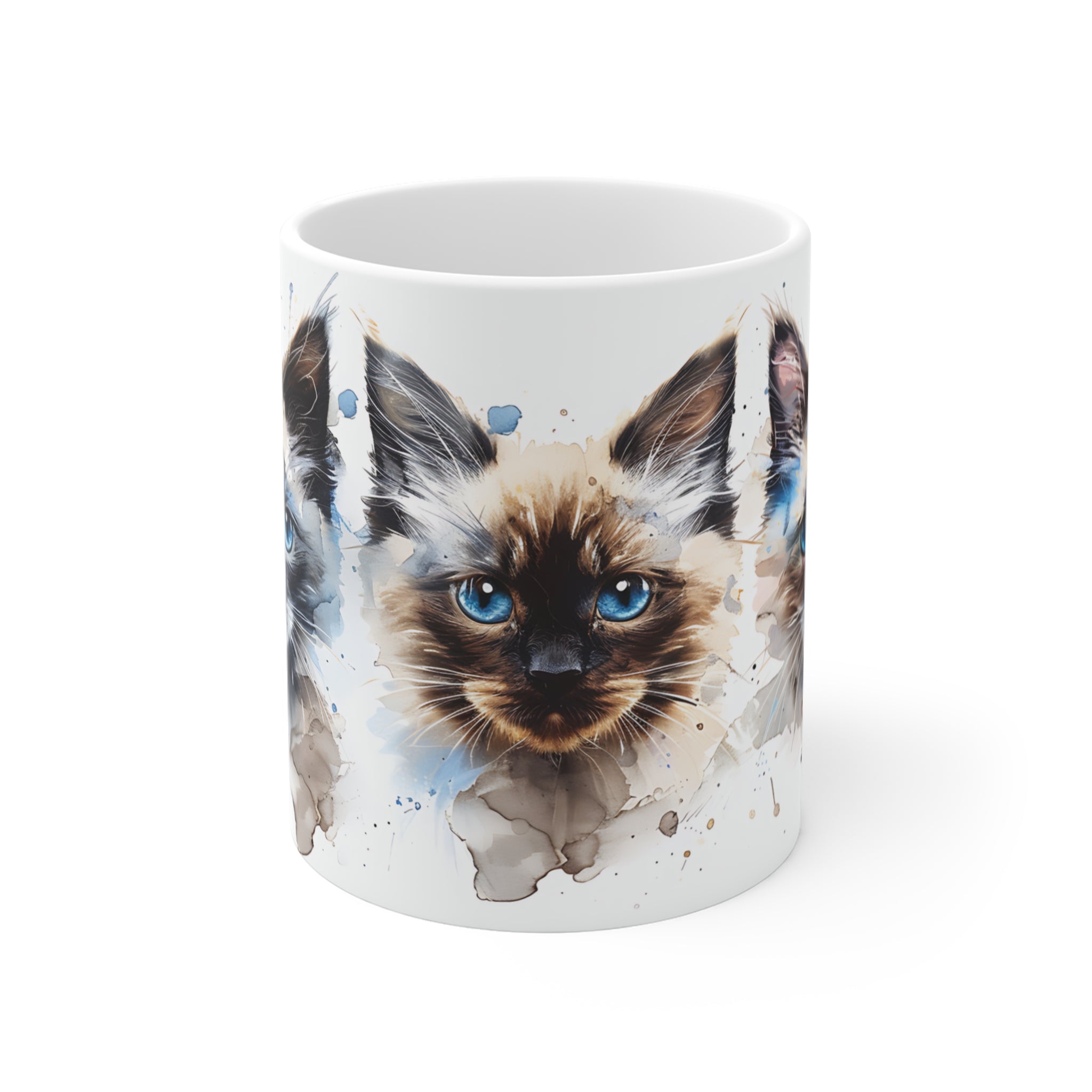 Artistic Blue-Eyed Cat Trio Watercolor Mug for Cat Lovers
