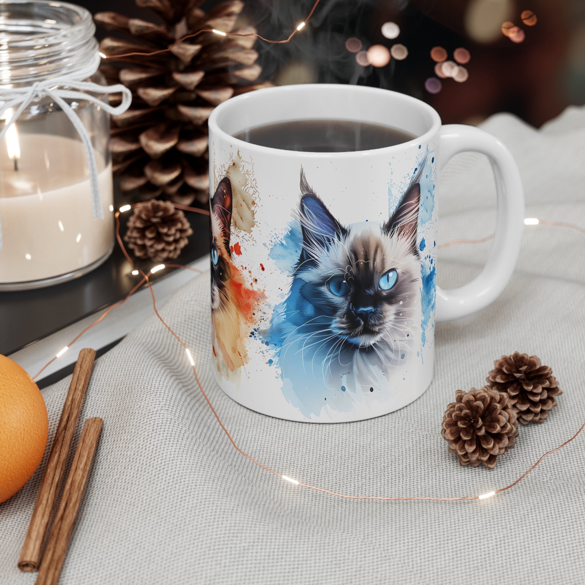 Artistic Blue-Eyed Cat Watercolor Mug for Cat Lovers