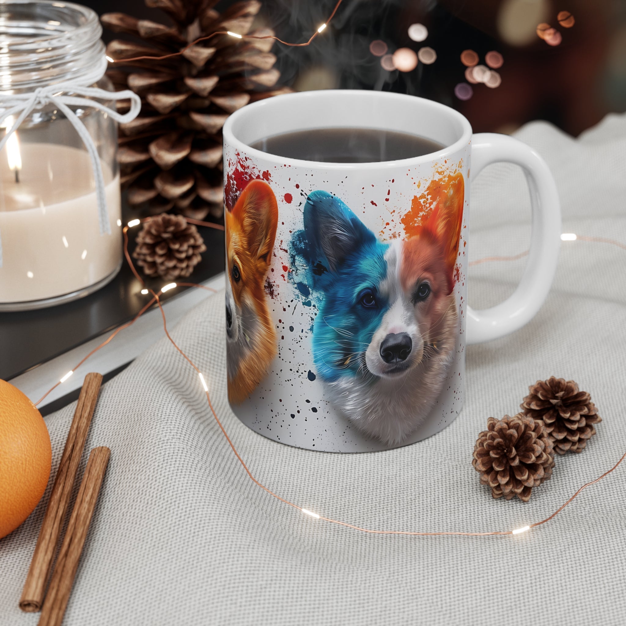 Artistic Corgi Dog Faces Mug with Colorful Paint Splatter Design
