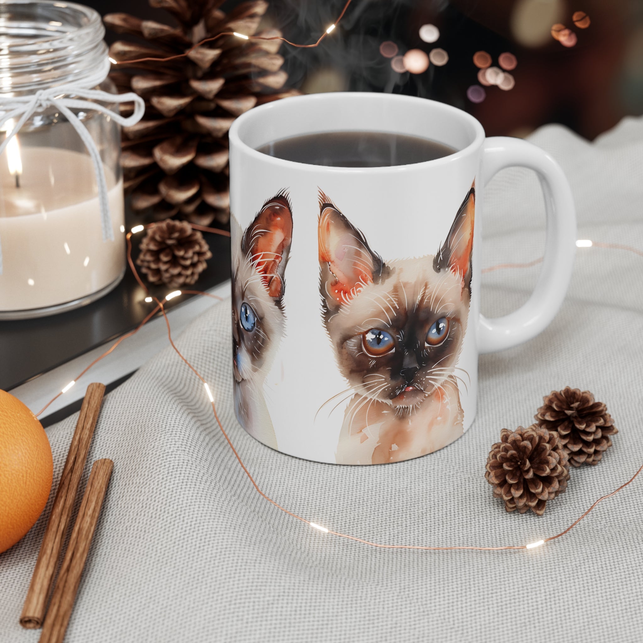 Watercolor Siamese Cats Mug with Blue and Brown Eyes - Cute Cat Art