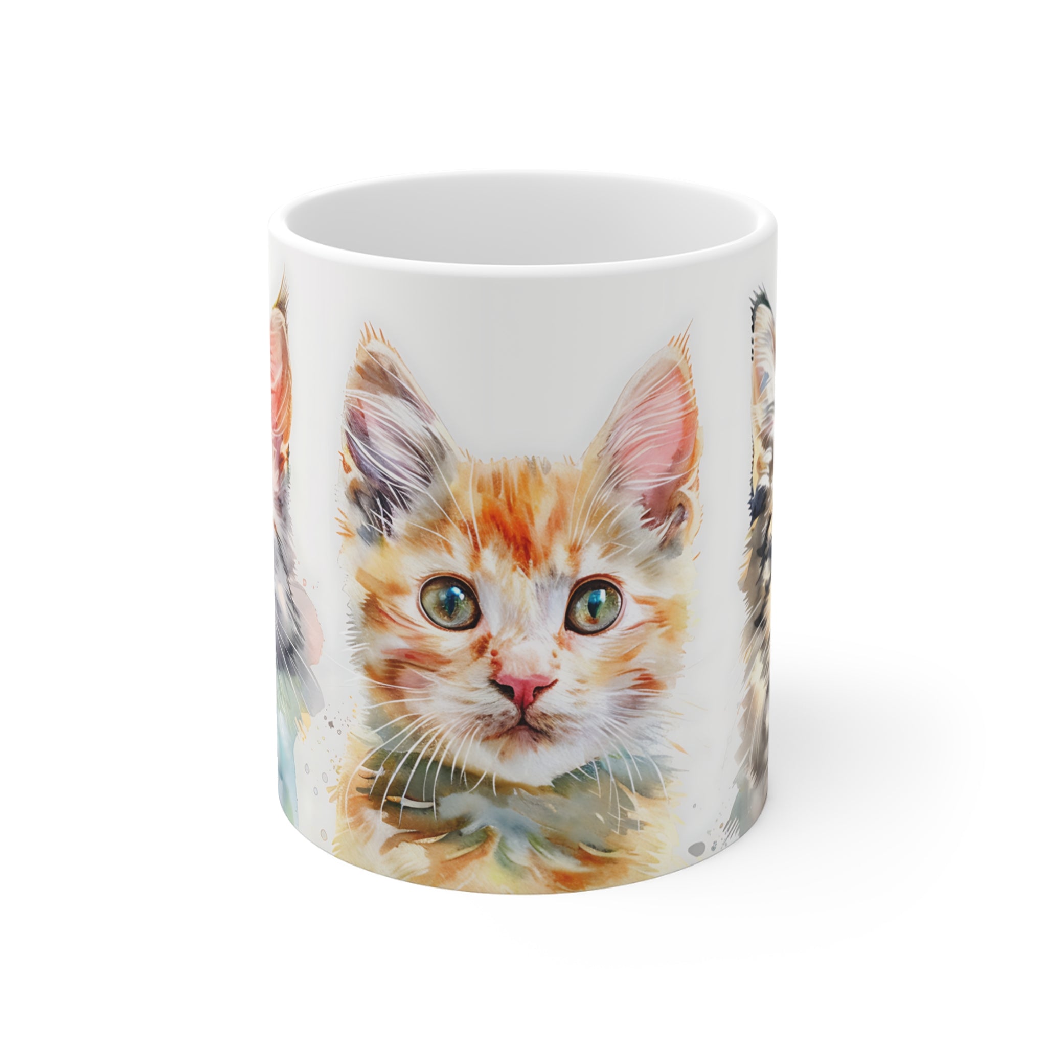 Watercolor Painting Mug Featuring Three Colorful Kitten Faces