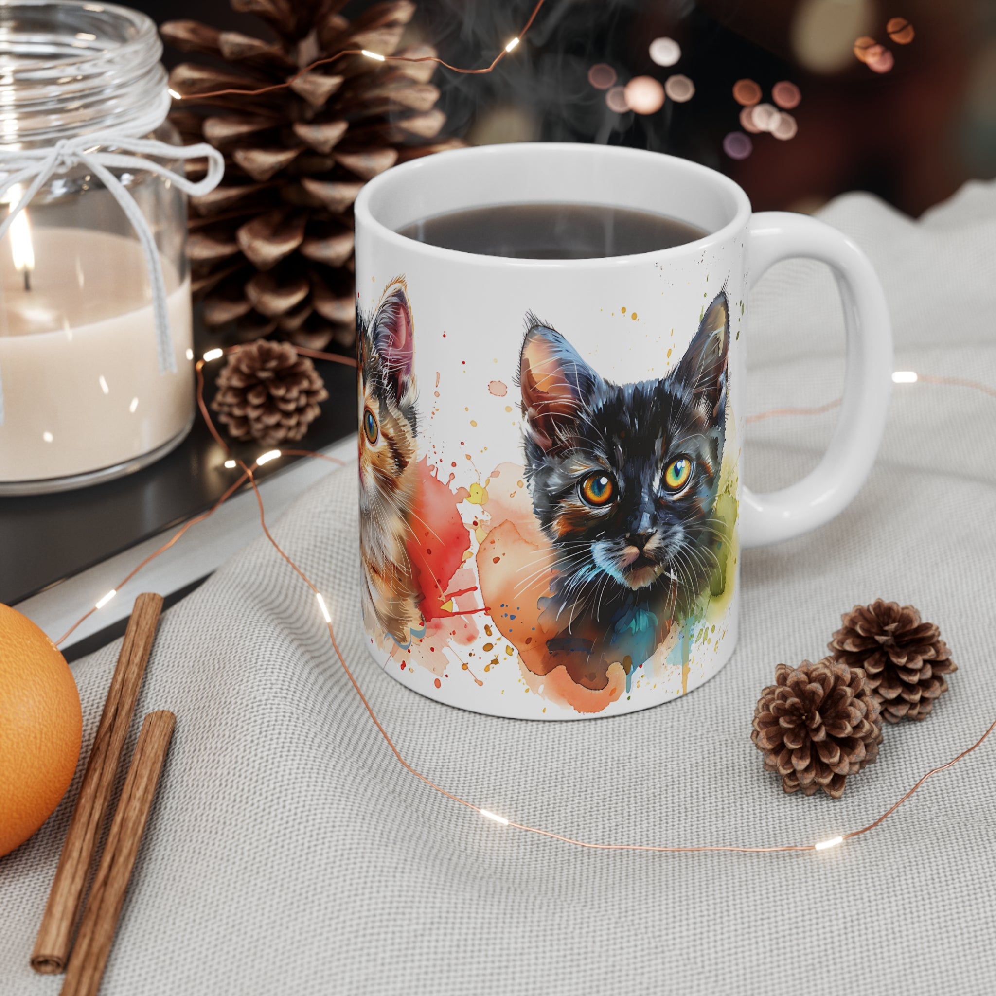 Colorful Watercolor Kittens Mug with Three Adorable Cats Art