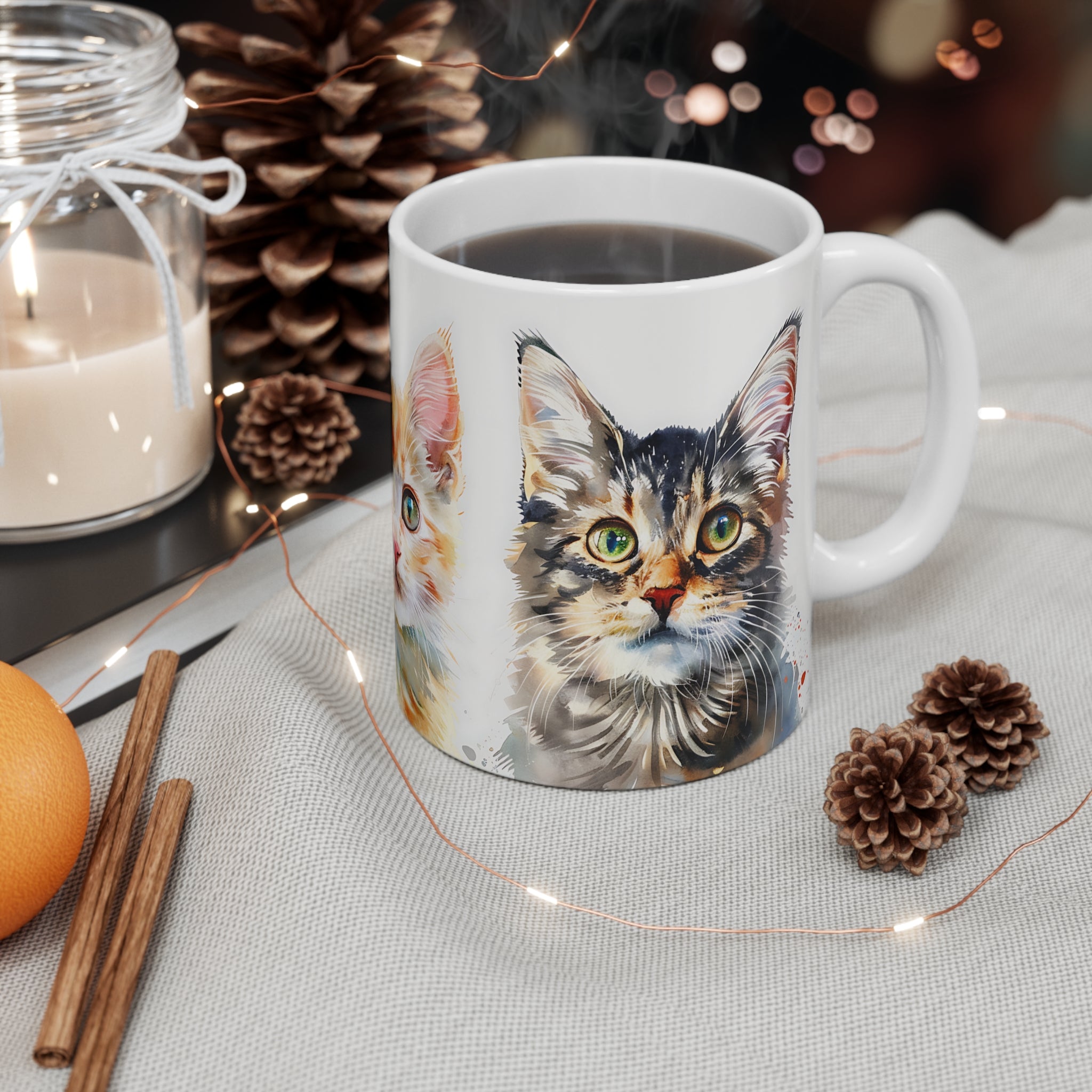 Watercolor Painting Mug Featuring Three Colorful Kitten Faces