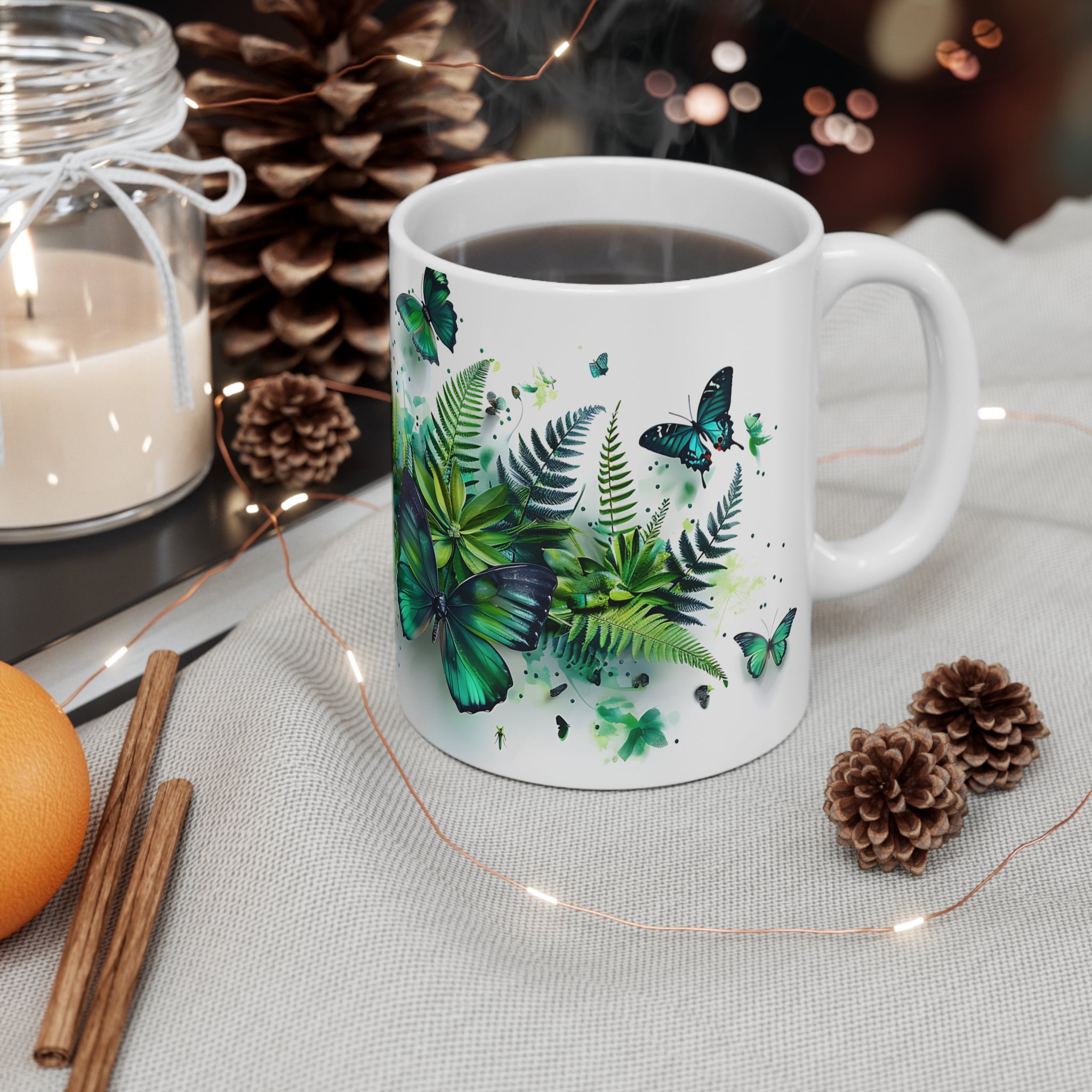 Green Butterfly and Leaf Botanical Art Coffee Mug