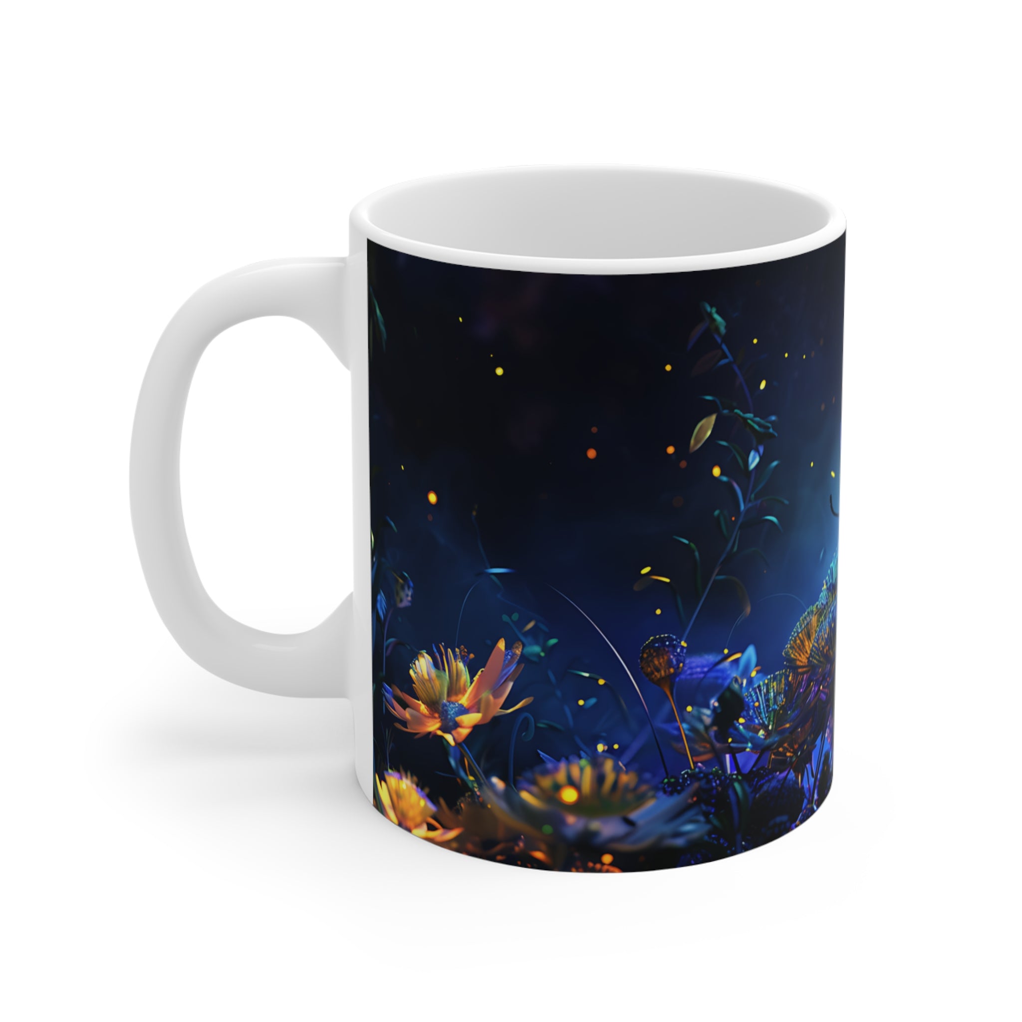 Glowing Butterfly on Vibrant Flowers Artistic Coffee Mug