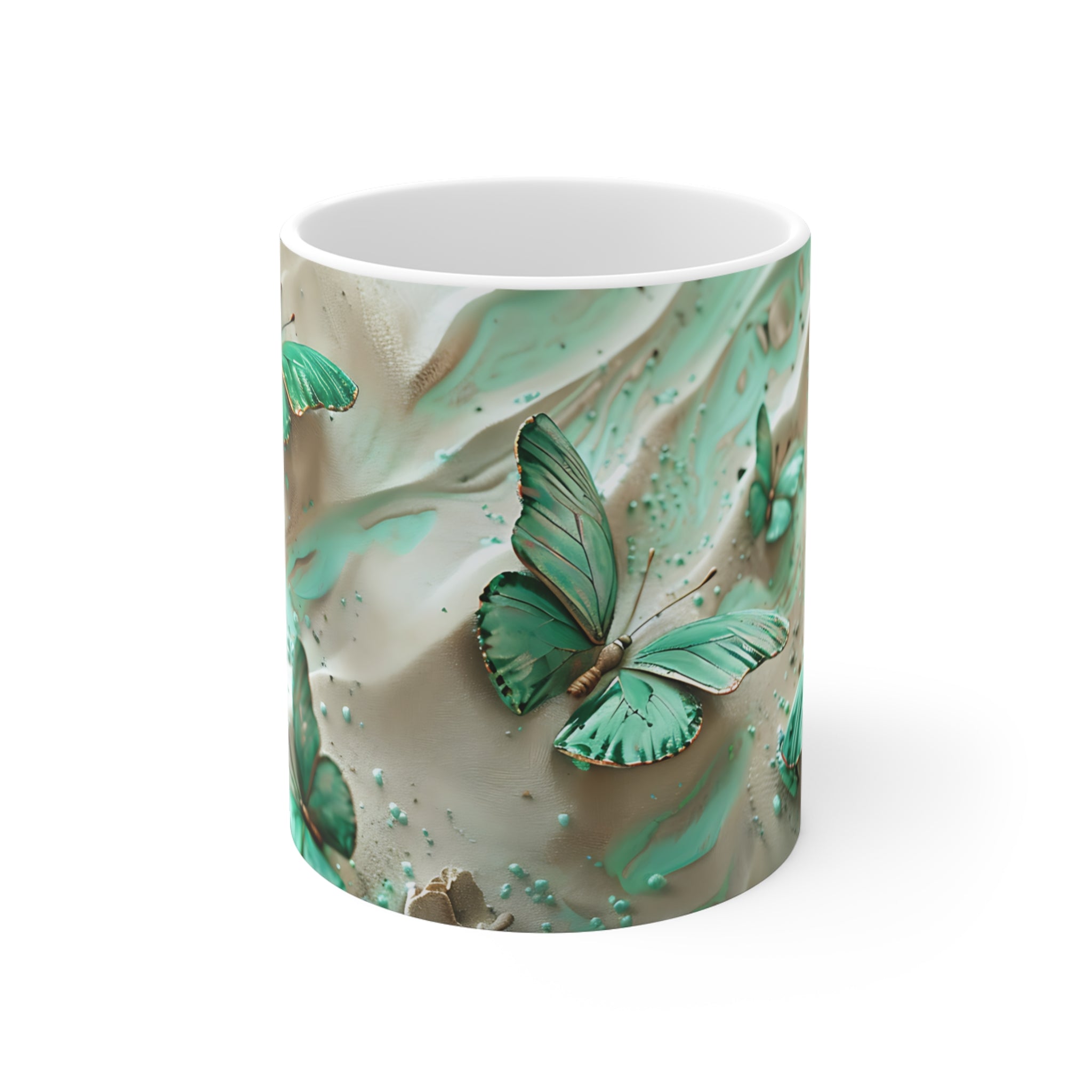 Aqua Green Butterflies Artistic Ceramic Coffee Mug