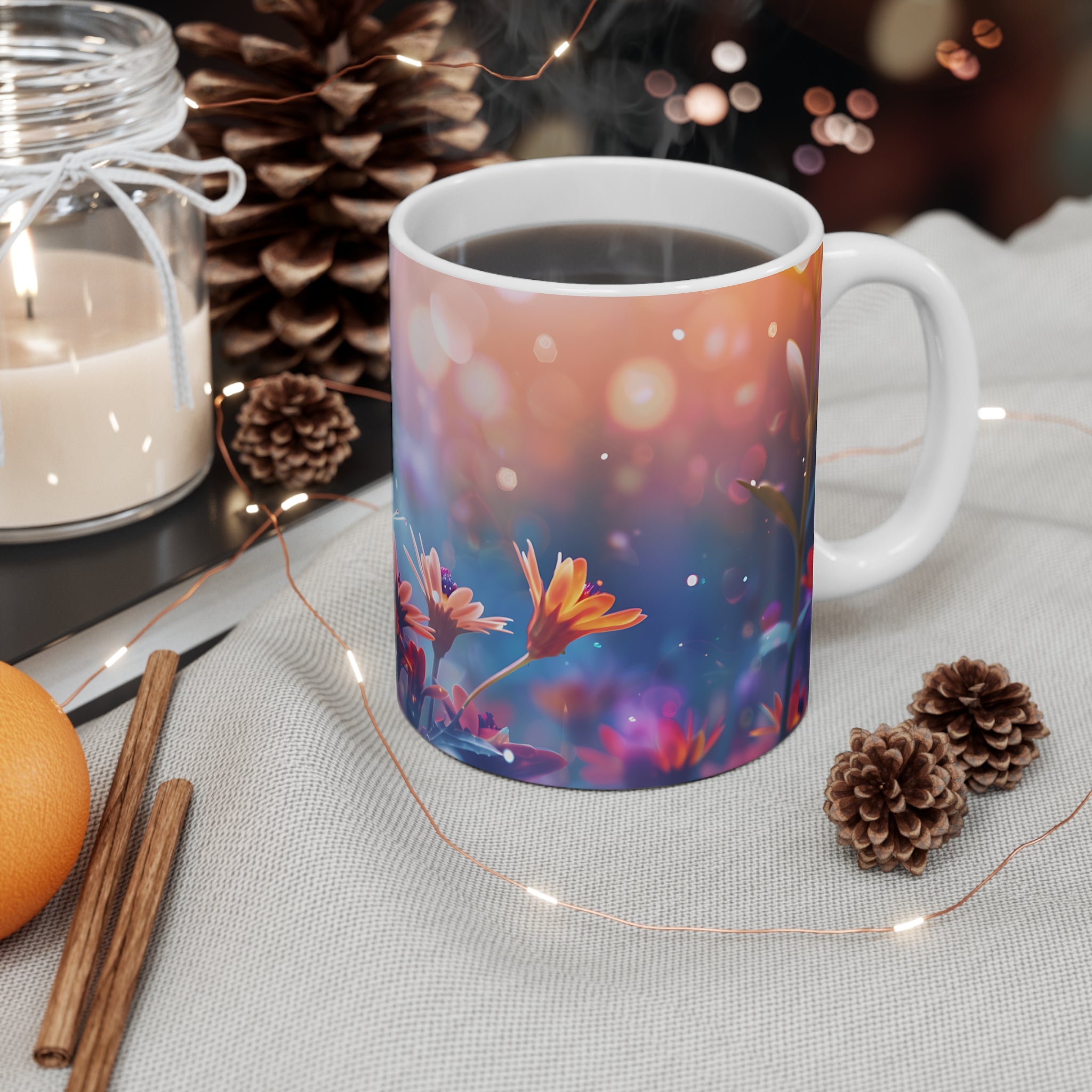 Butterfly and Vibrant Flowers Nature Art Coffee Mug