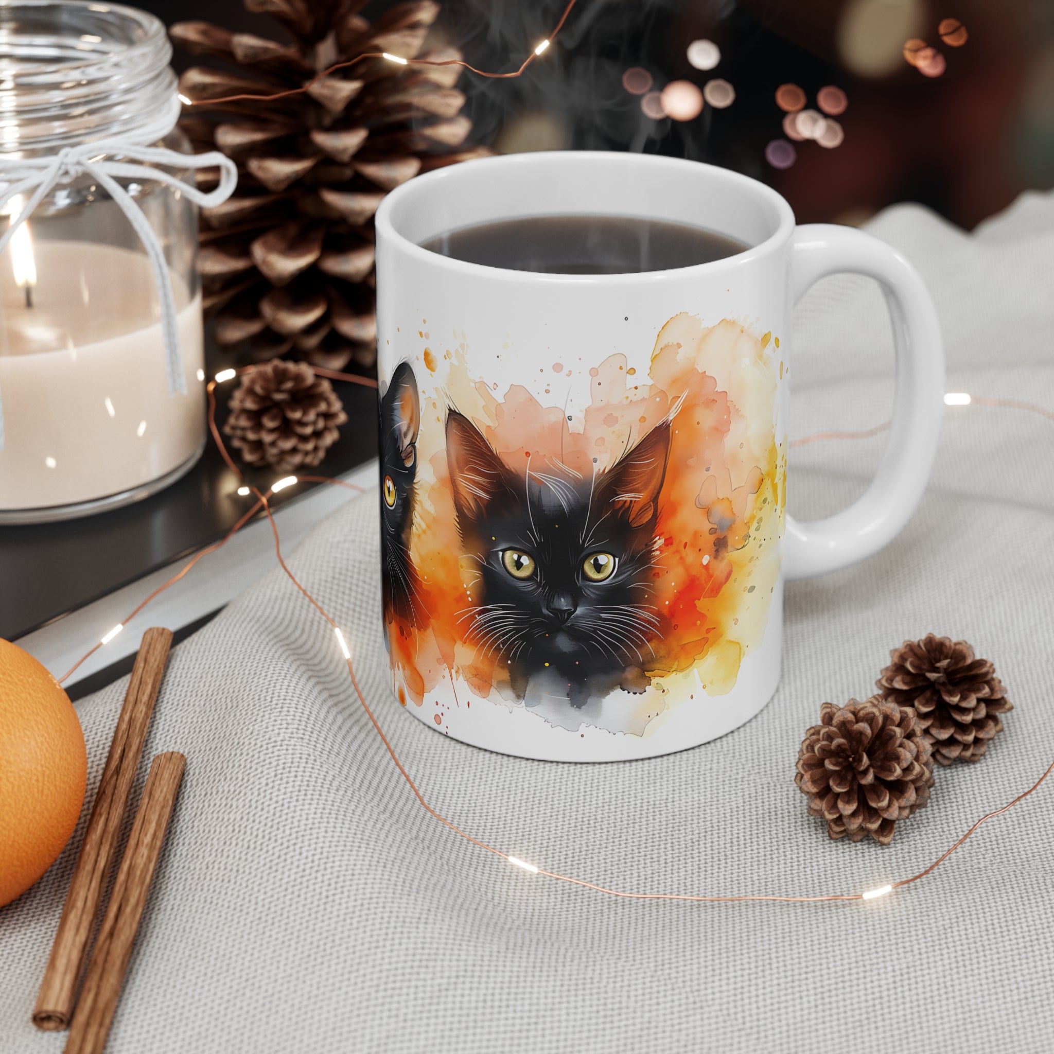 Artistic Black Cats Watercolor Mug with Orange and Blue Splashes