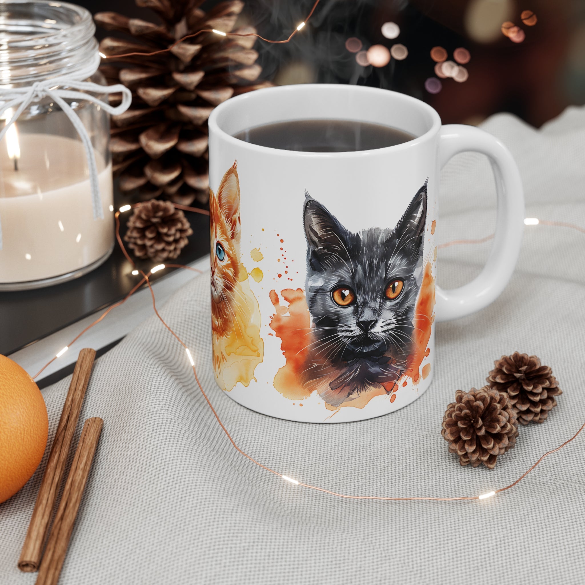 Watercolor Cat Trio Mug - Artistic Kitten Faces with Splash Colors