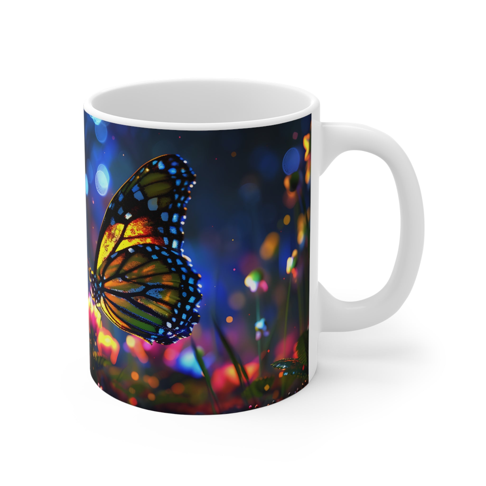 Vibrant Butterfly and Colorful Flowers Illustrated Coffee Mug
